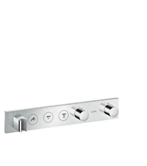 Thermostatmodul von AXOR mit drei Steuerknöpfen und Symbolen für verschiedene Funktionen, montiert auf schmaler, verchromter Metallplatte.